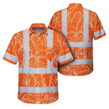 Hi Vis Hawaiian Shirt Reflective Tapes Orange Neon Flowers Custom Name Safety Workwear For Workers, Truckers, Operators