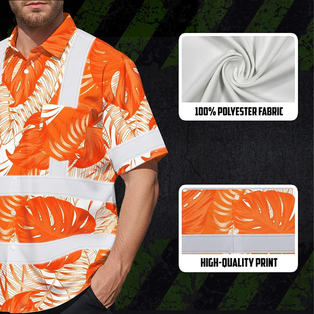 Hi Vis Hawaiian Shirt Reflective Tapes Orange Neon Flowers Custom Name Safety Workwear For Workers, Truckers, Operators