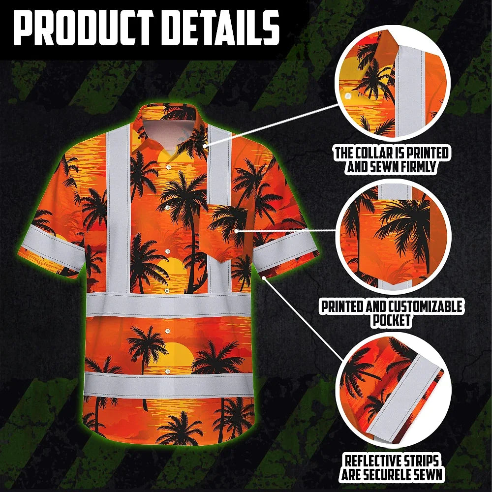 Hi Vis Hawaiian Shirt Reflective Tapes Orange Neon Flowers Custom Name Safety Workwear For Truckers, Operators