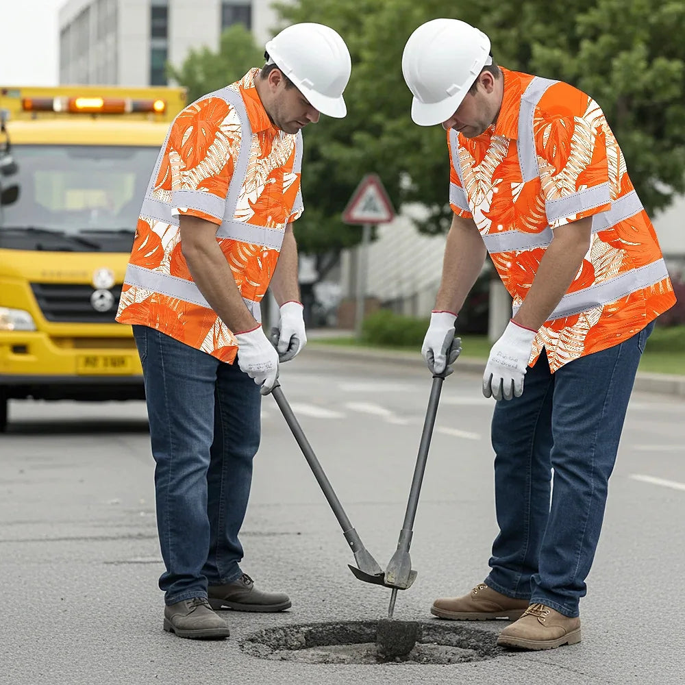 Hi Vis Hawaiian Shirt Reflective Tapes Orange Neon Flowers Custom Name Safety Workwear For Workers, Truckers, Operators