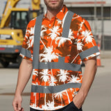 Hi Vis Hawaiian Shirt Reflective Tapes Orange Neon Flowers Custom Name Safety Workwear For Workers, Truckers, Operators
