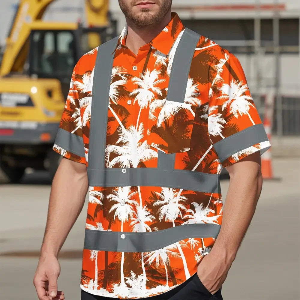 Hi Vis Hawaiian Shirt Reflective Tapes Orange Neon Flowers Custom Name Safety Workwear For Workers, Truckers, Operators