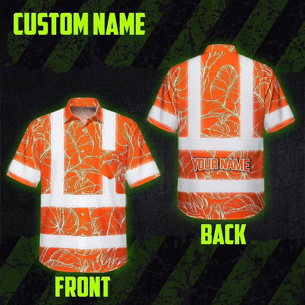 Choose Pack Hi Vis Hawaiian Shirt Reflective Tapes Orange Neon Flowers Custom Name Safety Workwear For Workers, Truckers, Operators