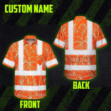 Hi Vis Hawaiian Shirt Reflective Tapes Orange Neon Flowers Custom Name Safety Workwear For Workers, Truckers, Operators