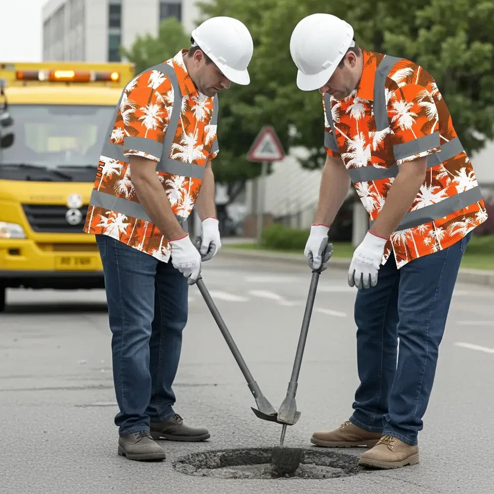 Hi Vis Hawaiian Shirt Reflective Tapes Orange Neon Flowers Custom Name Safety Workwear For Workers, Truckers, Operators