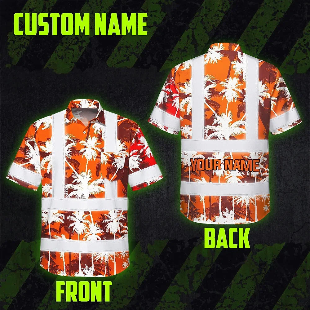 Hi Vis Hawaiian Shirt Reflective Tapes Orange Neon Flowers Custom Name Safety Workwear For Workers, Truckers, Operators