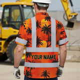 Hi Vis Hawaiian Shirt Reflective Tapes Orange Neon Flowers Custom Name Safety Workwear For Truckers, Operators