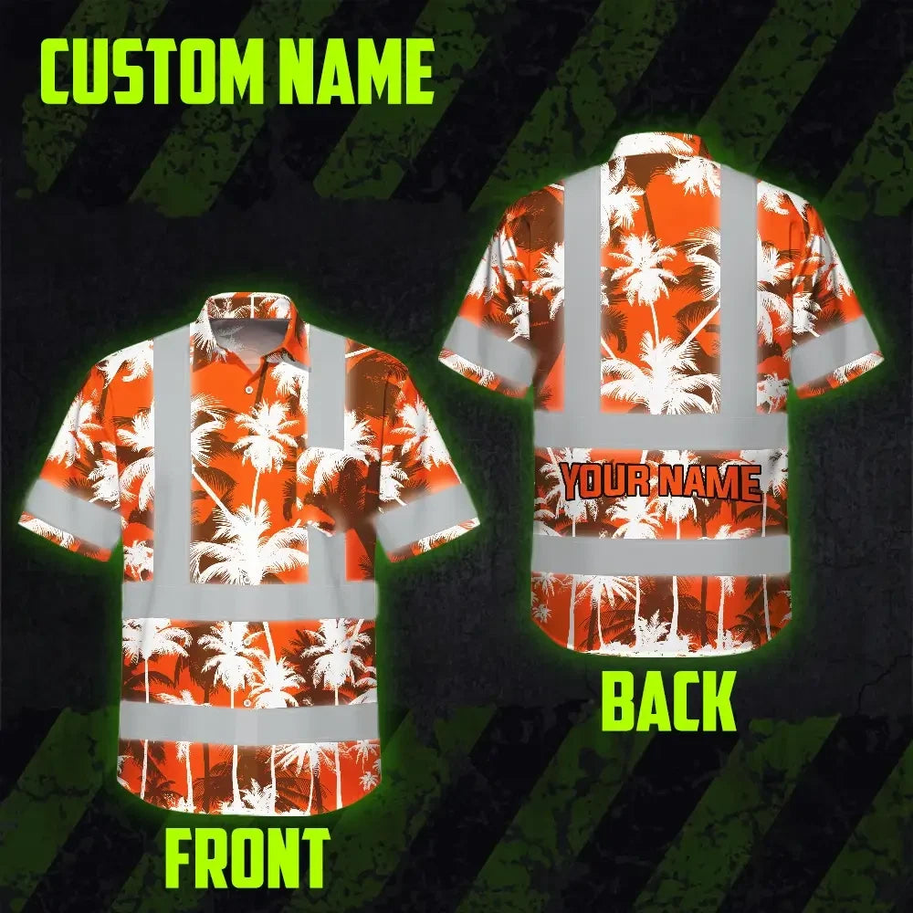 Hi Vis Hawaiian Shirt Reflective Tapes Orange Neon Flowers Custom Name Safety Workwear For Workers, Truckers, Operators
