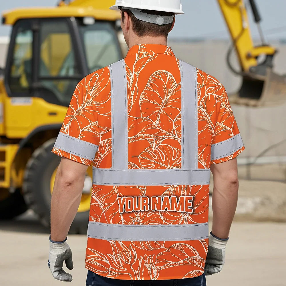 Hi Vis Hawaiian Shirt Reflective Tapes Orange Neon Flowers Custom Name Safety Workwear For Workers, Truckers, Operators