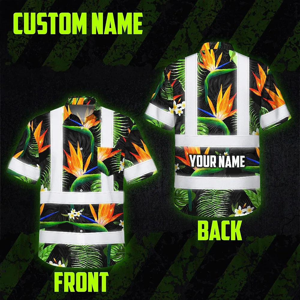 Hi Vis Hawaiian Shirt Reflective Tapes Orange Neon Green Flowers Custom Name Safety Workwear For Workers, Truckers, Operators