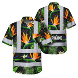 Hi Vis Hawaiian Shirt Reflective Tapes Orange Neon Green Flowers Custom Name Safety Workwear For Workers, Truckers, Operators