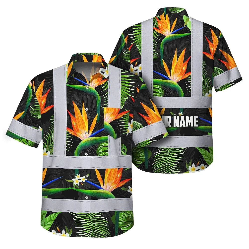 Hi Vis Hawaiian Shirt Reflective Tapes Orange Neon Green Flowers Custom Name Safety Workwear For Workers, Truckers, Operators