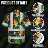 Hi Vis Hawaiian Shirt Reflective Tapes Orange Neon Green Flowers Custom Name Safety Workwear For Workers, Truckers, Operators