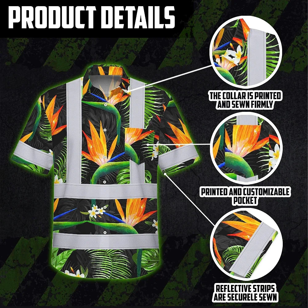 Hi Vis Hawaiian Shirt Reflective Tapes Orange Neon Green Flowers Custom Name Safety Workwear For Workers, Truckers, Operators
