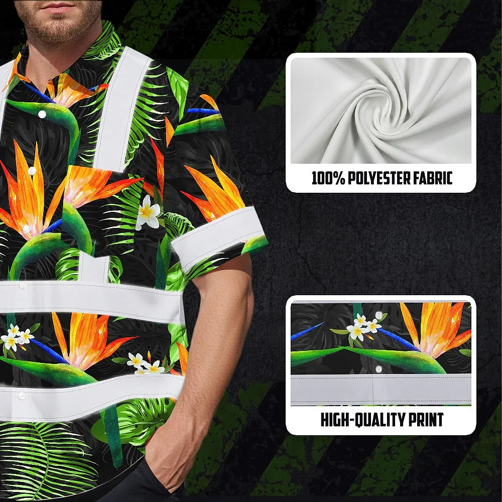 Hi Vis Hawaiian Shirt Reflective Tapes Orange Neon Green Flowers Custom Name Safety Workwear For Workers, Truckers, Operators