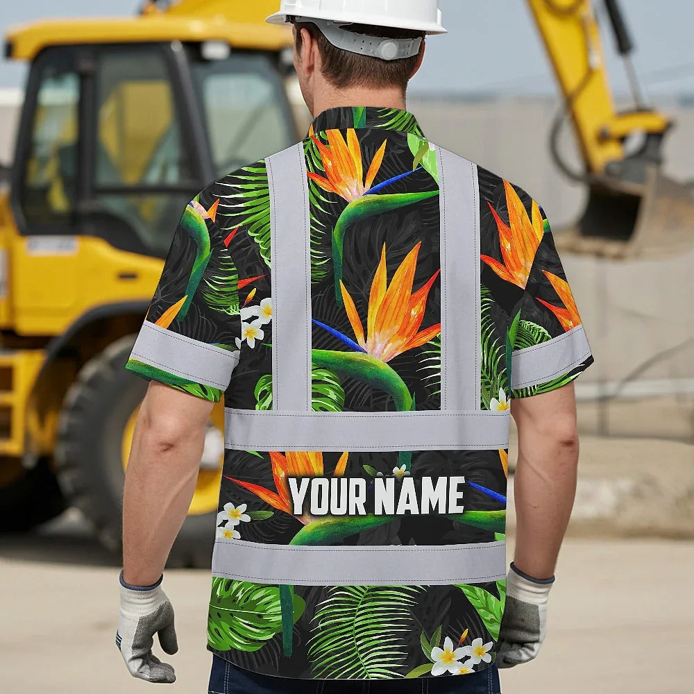 Hi Vis Hawaiian Shirt Reflective Tapes Orange Neon Green Flowers Custom Name Safety Workwear For Workers, Truckers, Operators