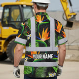 Hi Vis Hawaiian Shirt Reflective Tapes Orange Neon Green Flowers Custom Name Safety Workwear For Workers, Truckers, Operators