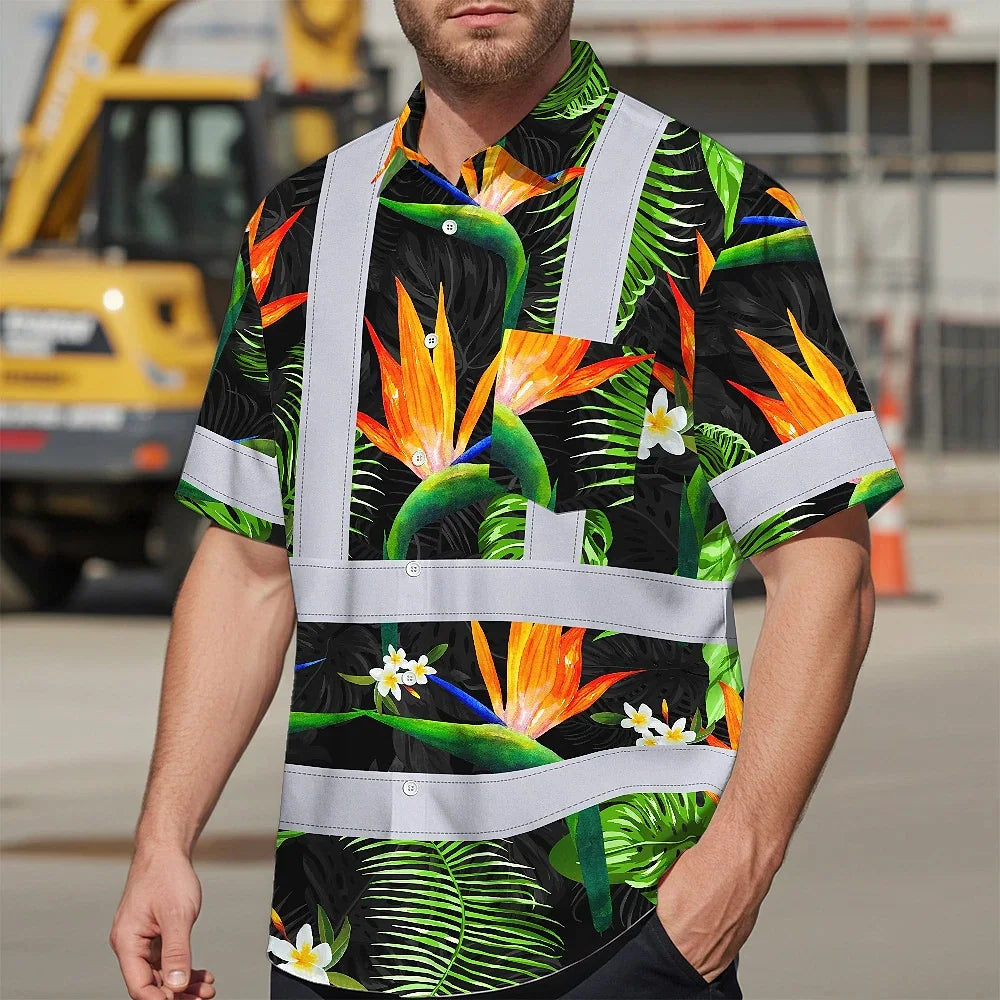Hi Vis Hawaiian Shirt Reflective Tapes Orange Neon Green Flowers Custom Name Safety Workwear For Workers, Truckers, Operators