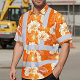 Hi Vis Hawaiian Shirt Reflective Tapes Orange Neon Hibiscus Custom Name Safety Workwear For Workers, Truckers, Operators