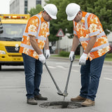Hi Vis Hawaiian Shirt Reflective Tapes Orange Neon Hibiscus Custom Name Safety Workwear For Workers, Truckers, Operators