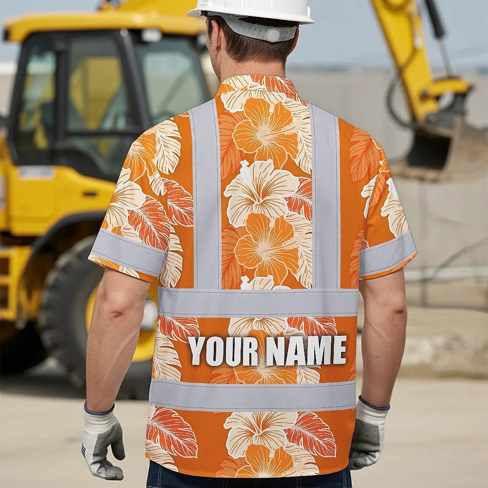 Hi Vis Hawaiian Shirt Reflective Tapes Orange Neon Hibiscus Custom Name Safety Workwear For Workers, Truckers, Operators