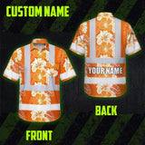 Hi Vis Hawaiian Shirt Reflective Tapes Orange Neon Hibiscus Custom Name Safety Workwear For Workers, Truckers, Operators