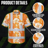 Hi Vis Hawaiian Shirt Reflective Tapes Orange Neon Hibiscus Custom Name Safety Workwear For Workers, Truckers, Operators