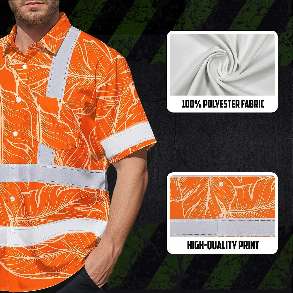 Hi Vis Hawaiian Shirt Reflective Tapes Orange Neon Leaf Custom Name Safety Workwear For Workers, Truckers, Operators