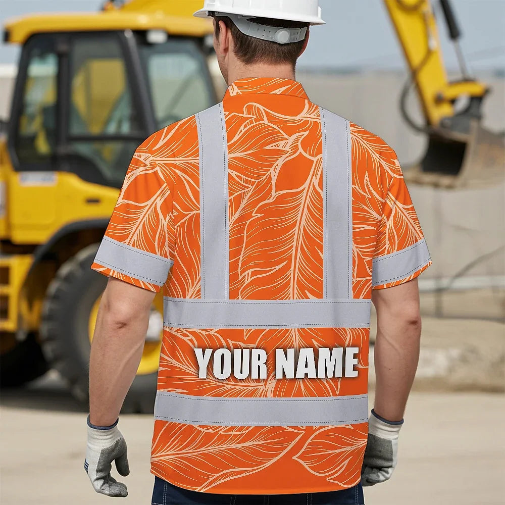 Hi Vis Hawaiian Shirt Reflective Tapes Orange Neon Leaf Custom Name Safety Workwear For Workers, Truckers, Operators