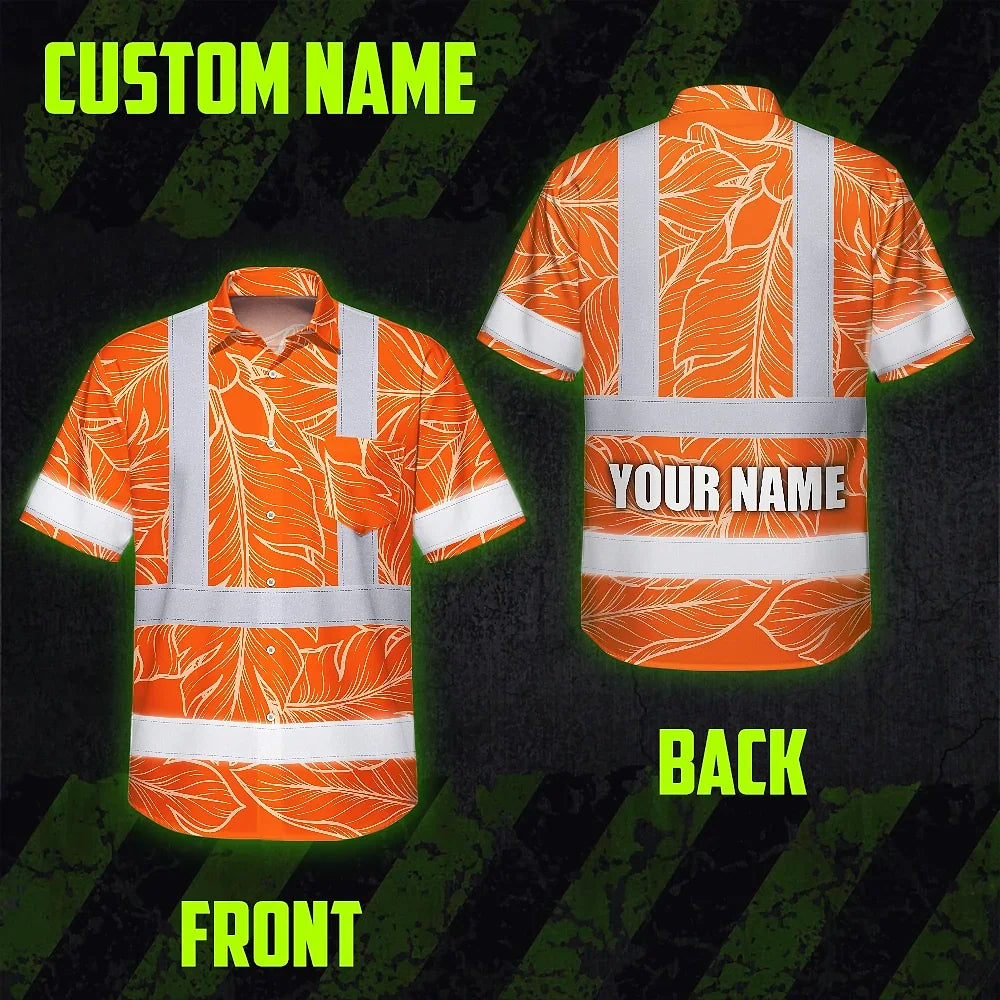 Hi Vis Hawaiian Shirt Reflective Tapes Orange Neon Leaf Custom Name Safety Workwear For Workers, Truckers, Operators