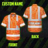 Hi Vis Hawaiian Shirt Reflective Tapes Orange Neon Leaf Custom Name Safety Workwear For Workers, Truckers, Operators