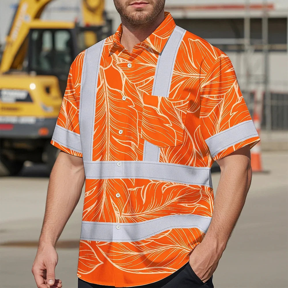 Hi Vis Hawaiian Shirt Reflective Tapes Orange Neon Leaf Custom Name Safety Workwear For Workers, Truckers, Operators