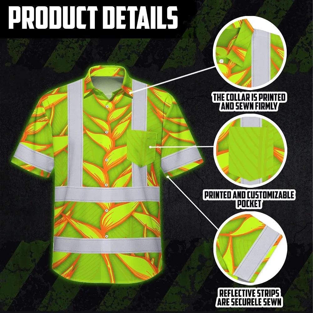 Hi Vis Hawaiian Shirt Reflective Tapes Orange Neon Lime Heliconia Custom Name Safety Workwear For Workers, Truckers, Operators