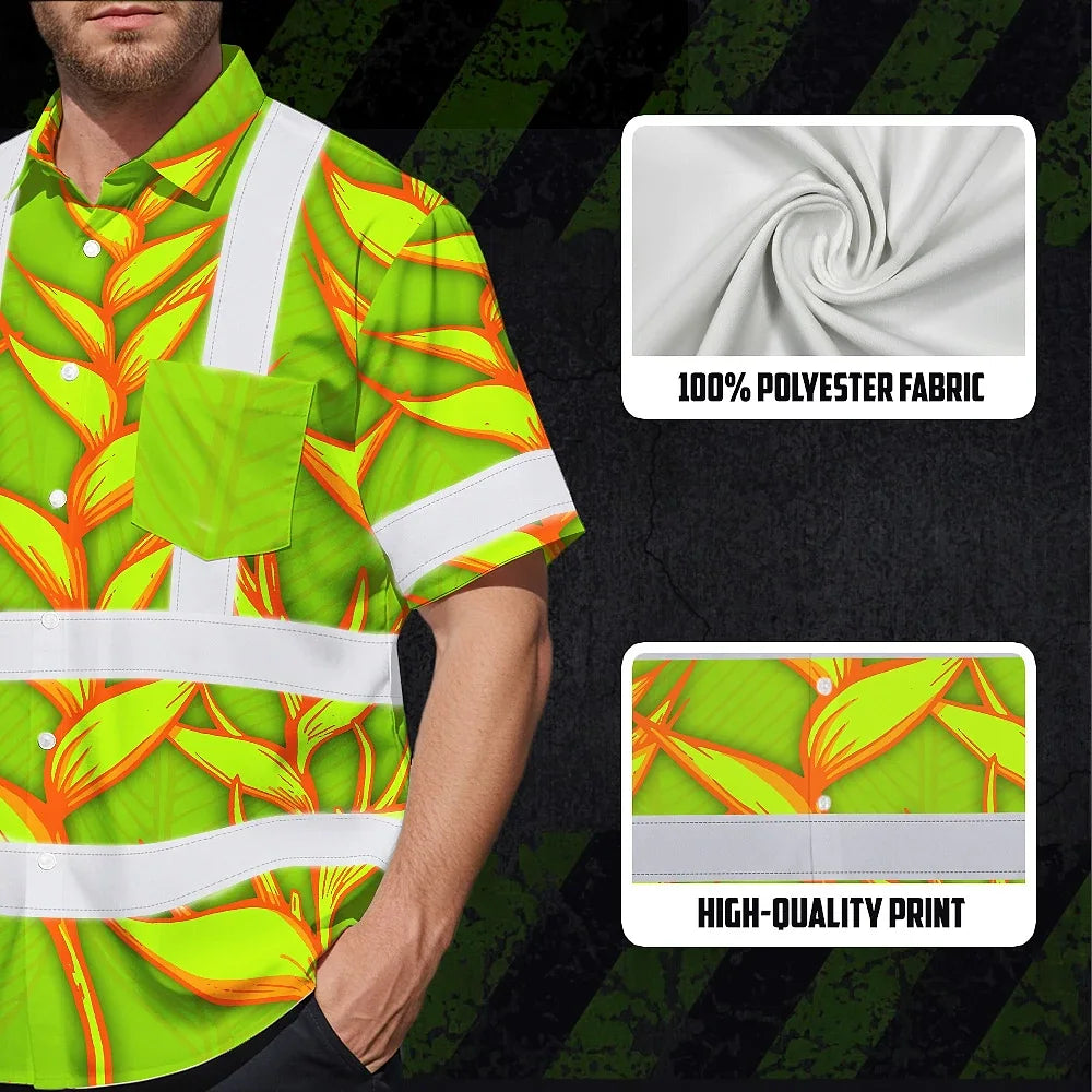 Hi Vis Hawaiian Shirt Reflective Tapes Orange Neon Lime Heliconia Custom Name Safety Workwear For Workers, Truckers, Operators
