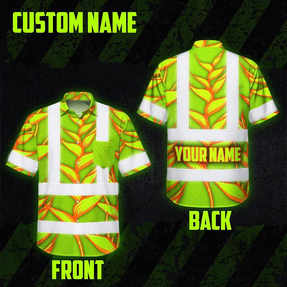 Hi Vis Hawaiian Shirt Reflective Tapes Orange Neon Lime Heliconia Custom Name Safety Workwear For Workers, Truckers, Operators