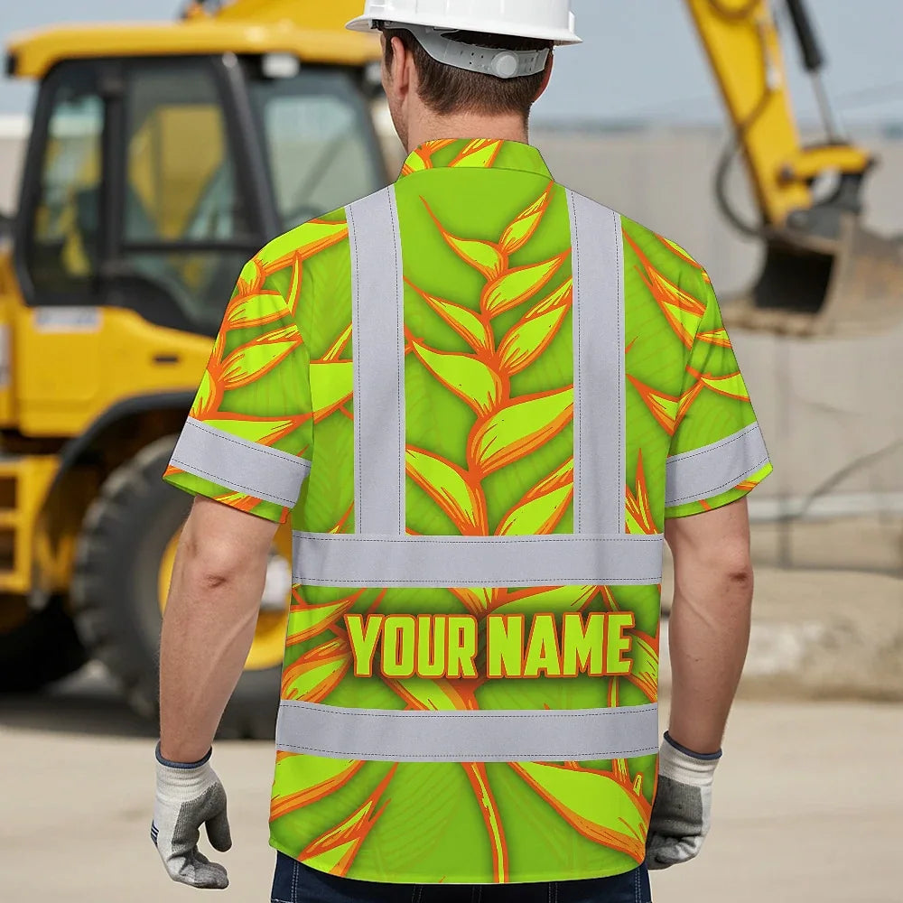 Hi Vis Hawaiian Shirt Reflective Tapes Orange Neon Lime Heliconia Custom Name Safety Workwear For Workers, Truckers, Operators
