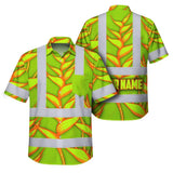 Hi Vis Hawaiian Shirt Reflective Tapes Orange Neon Lime Heliconia Custom Name Safety Workwear For Workers, Truckers, Operators