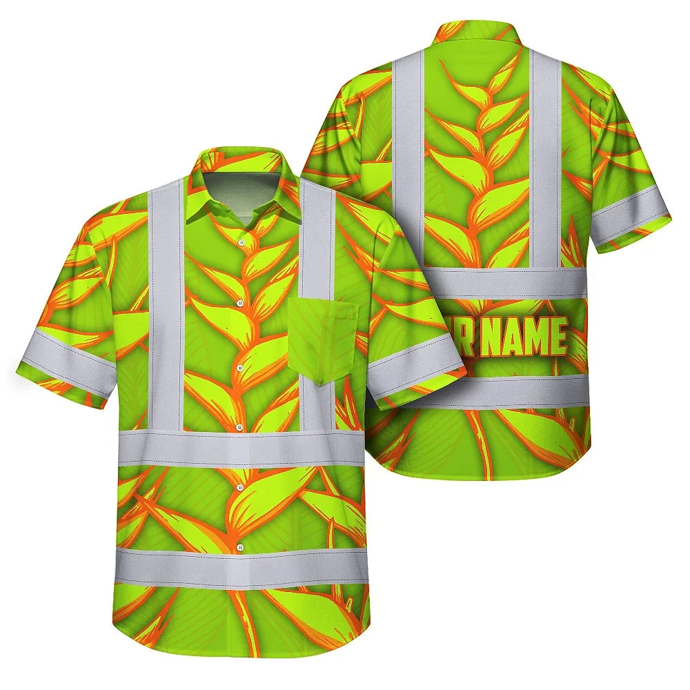 Hi Vis Hawaiian Shirt Reflective Tapes Orange Neon Lime Heliconia Custom Name Safety Workwear For Workers, Truckers, Operators