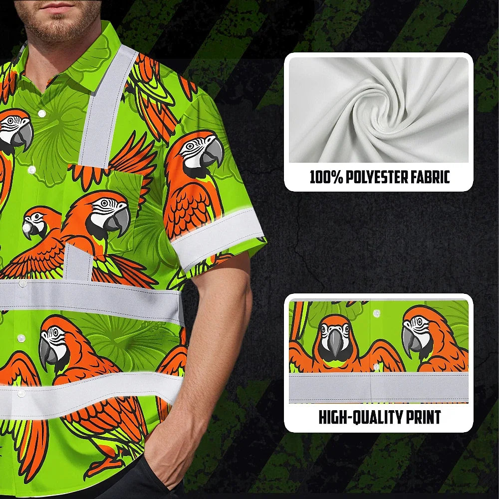 Hi Vis Hawaiian Shirt Reflective Tapes Orange Neon Lime Parrot Custom Name Safety Workwear For Workers, Truckers, Operators