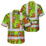Hi Vis Hawaiian Shirt Reflective Tapes Orange Neon Lime Parrot Custom Name Safety Workwear For Workers, Truckers, Operators