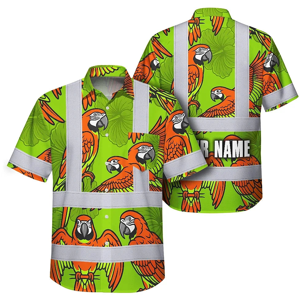 Hi Vis Hawaiian Shirt Reflective Tapes Orange Neon Lime Parrot Custom Name Safety Workwear For Workers, Truckers, Operators