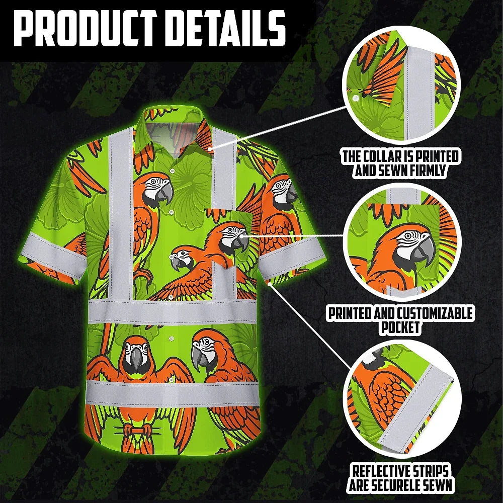 Hi Vis Hawaiian Shirt Reflective Tapes Orange Neon Lime Parrot Custom Name Safety Workwear For Workers, Truckers, Operators
