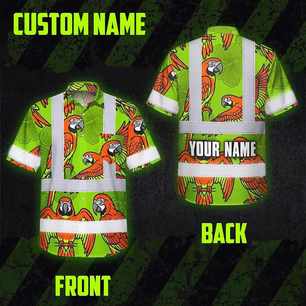 Hi Vis Hawaiian Shirt Reflective Tapes Orange Neon Lime Parrot Custom Name Safety Workwear For Workers, Truckers, Operators