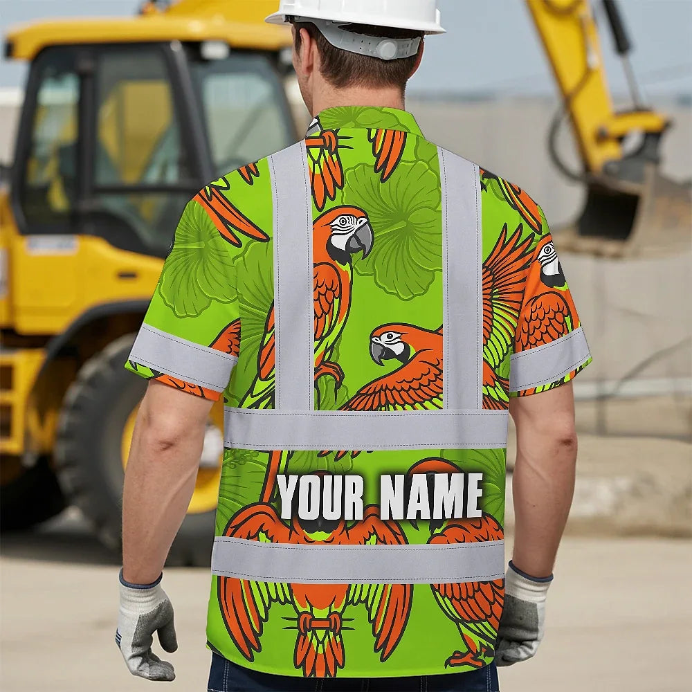 Hi Vis Hawaiian Shirt Reflective Tapes Orange Neon Lime Parrot Custom Name Safety Workwear For Workers, Truckers, Operators
