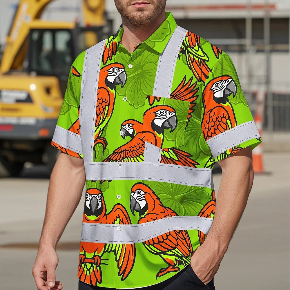 Hi Vis Hawaiian Shirt Reflective Tapes Orange Neon Lime Parrot Custom Name Safety Workwear For Workers, Truckers, Operators