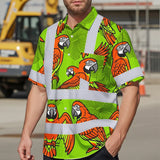 Hi Vis Hawaiian Shirt Reflective Tapes Orange Neon Lime Parrot Custom Name Safety Workwear For Workers, Truckers, Operators