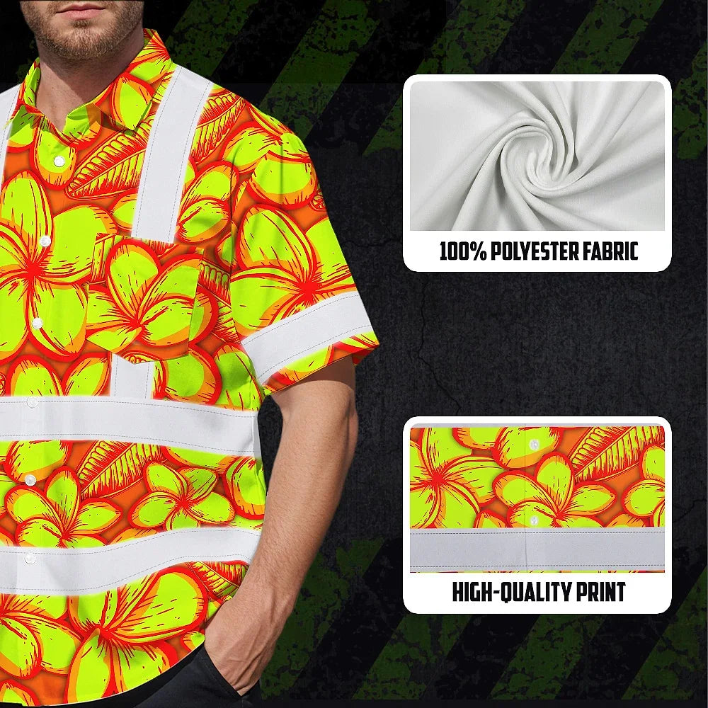 Hi Vis Hawaiian Shirt Reflective Tapes Orange Neon Lime Plumeria Custom Name Safety Workwear For Workers, Truckers, Operators