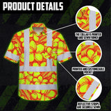 Hi Vis Hawaiian Shirt Reflective Tapes Orange Neon Lime Plumeria Custom Name Safety Workwear For Workers, Truckers, Operators