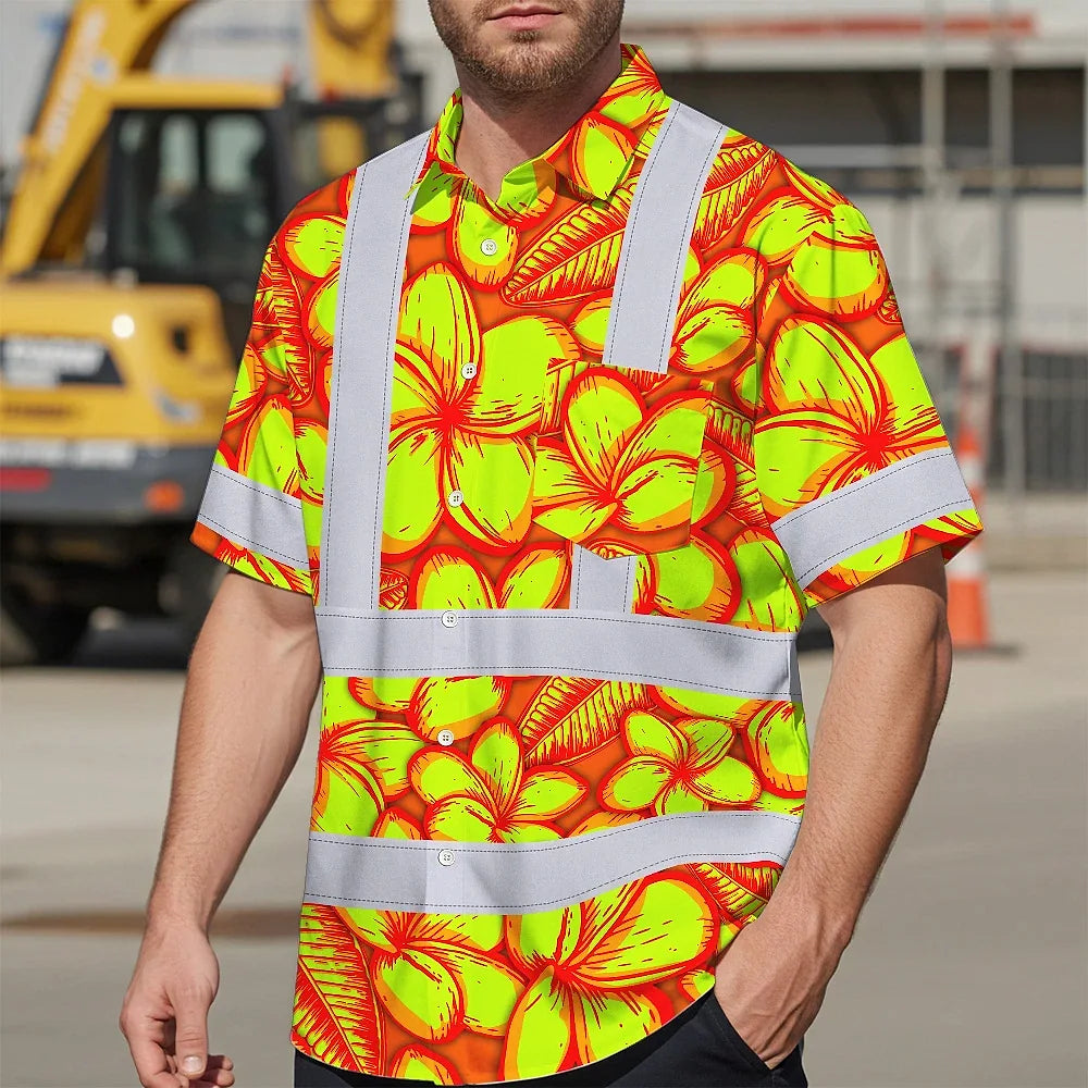 Hi Vis Hawaiian Shirt Reflective Tapes Orange Neon Lime Plumeria Custom Name Safety Workwear For Workers, Truckers, Operators