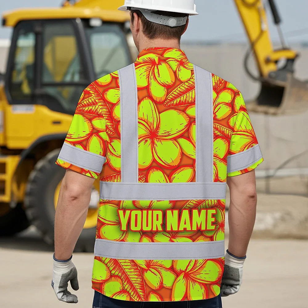 Hi Vis Hawaiian Shirt Reflective Tapes Orange Neon Lime Plumeria Custom Name Safety Workwear For Workers, Truckers, Operators